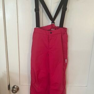 ALMOST NEW DESIGNER PINK SNOW PANTS WITH SUSPENDERS, SIZE 12